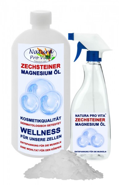 Zechsteiner Magnesiumöl dermatologisch getestet, gut bei Magnesiummangel 1L Flasche + Sprayflasche