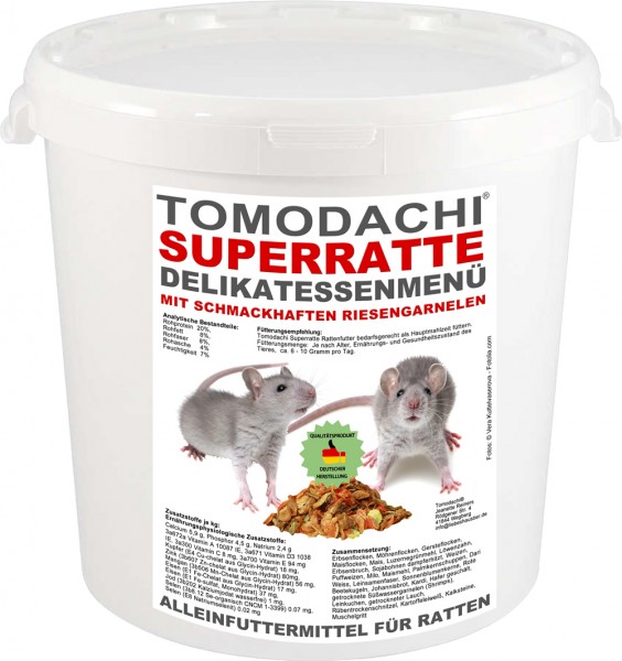 Rattenfutter mit Gambas, Möhrenflocken, Erbsenflocken Tomodachi Superratte Rattenmenü 1kg