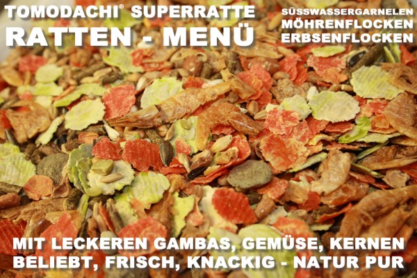 Rattenfutter mit Süßwassergarnelen, wenig Pellets viel Gemüse, Tomodachi Superrattenmenü 10kg
