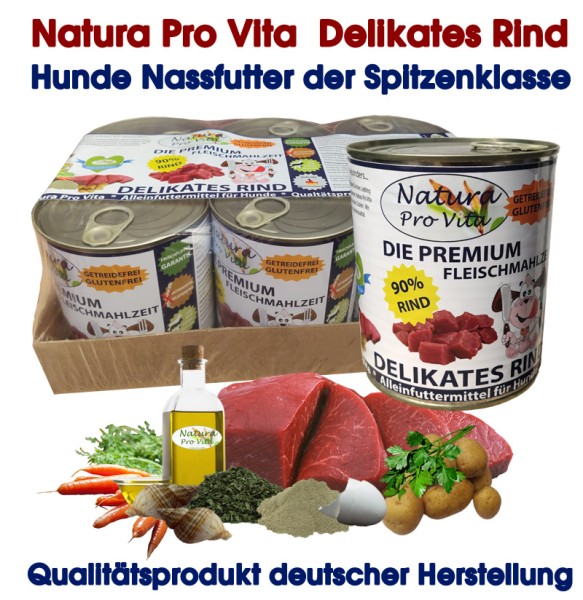 Hundenassfutter Rind Premium Fleischmahlzeit 90% Rind getreidefrei glutenfrei 24x 800g
