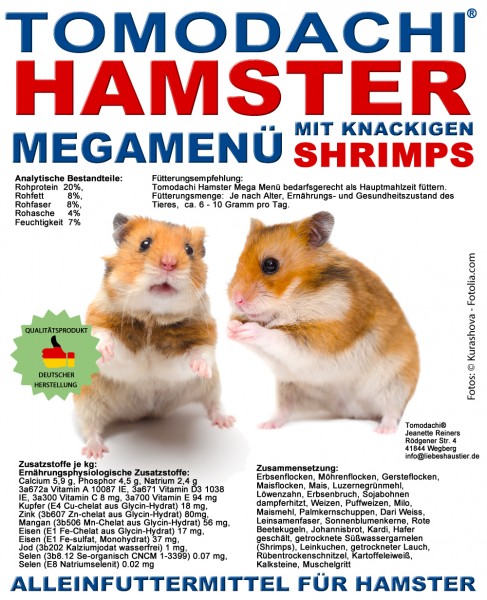Hamsterfutter mit Shrimps - Garnelen, Komplettfuttermischung Hamster Tomodachi MegaMenü 10kg