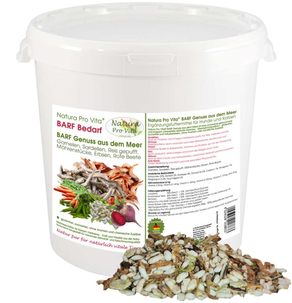 Barfgenuss aus dem Meer BarfGemüse für Muskelkraft mit Fisch Garnelen Reis NaturaProVita 500g Eimer
