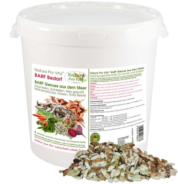 Barfgenuss aus dem Meer BarfGemüse für Muskelkraft mit Fisch Garnelen Reis NaturaProVita 500g Eimer