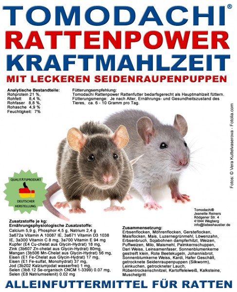 Rattenfutter Seidenraupen, Möhrenflocken, Erbsenflocken, wenig Pellets Tomodachi Rattenpower, 5kg